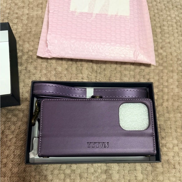 Premium iPhone 14 Purple Crossbody Wallet Phone Case with Strap - Picture 7 of 13